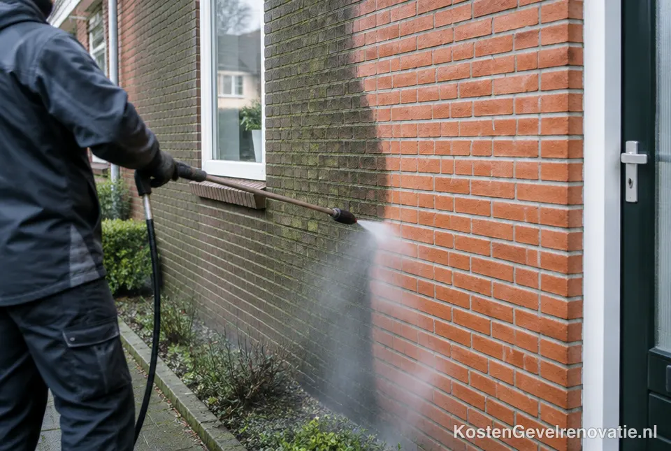 Bakstenen gevel wordt met stoom gereinigd, half schoon en half vuil