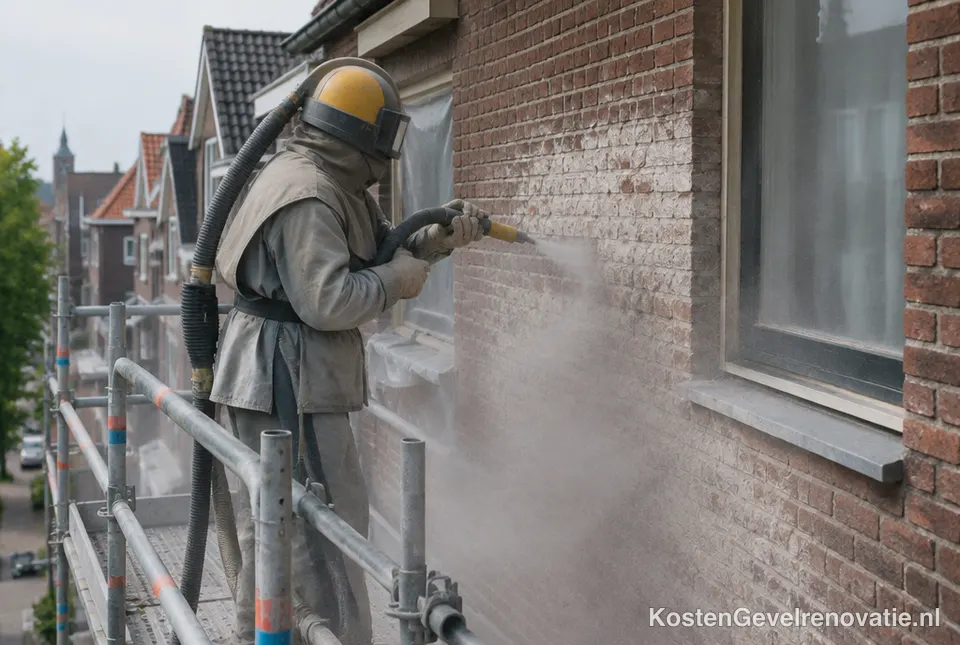 Gevelspecialist in beschermend pak straalt een gevel