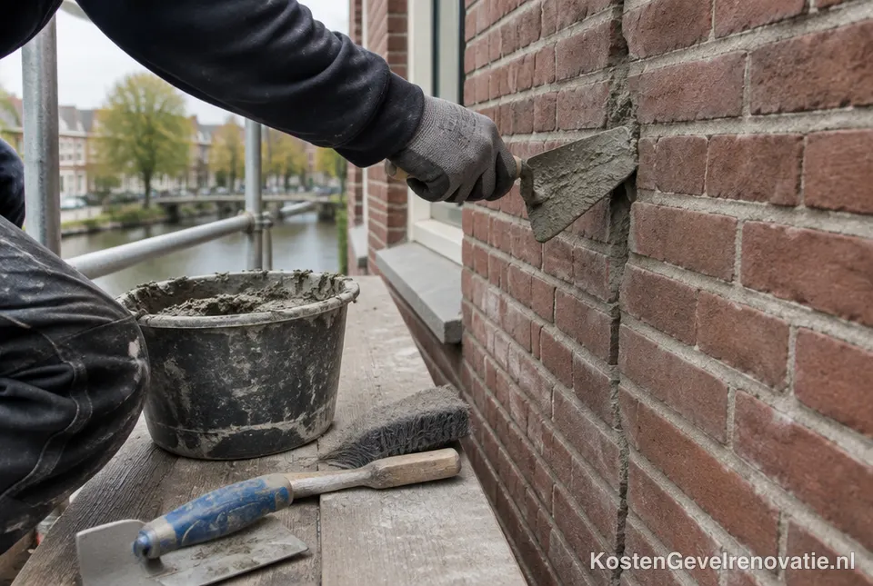 Scheur in een bakstenen gevel wordt hersteld
