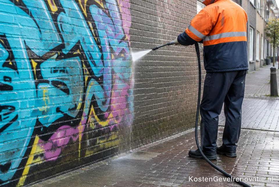 Graffiti wordt van een bakstenen muur verwijderd